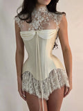 MQTIME  -  Custom Ivory High Neck Evening Dress Floral Lace Corset Prom Dresses Mini Vestidos De Noche Ruffle Formal Evening