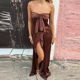 MQTIME  -  Strapless Ruffle Edge Solid Color Casual Long Dress Backless Street Swing Women's Summer Dress Club Party Hollow Out Sexy Dress