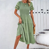 MQTIME  -  Solid Color Midi Dress Round Neck Short Sleeve Pleated A-line Summer Dress Femme Boho Vestidos White Party Dresses