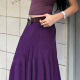  MQTIME  -  Women's Elegant Purple Low Waisted Maxi Skirt Flowy A-Line Flared Long Skirt with Elastic Waist Casual Summer Beach Dressy Skirt