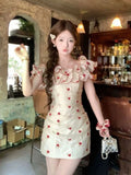 MQTIME  -  French Sweet Coquette Off-the-Shoulder Dress Women Red Floral Print Ruffle Trim Ruched Waist Slim Fit Mini Dress Elegant Outfit