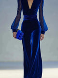 MQTIME  -  Fashion V-neck Velvet Wide Leg Jumpsuits Elegant High Waist See-through Sleeve Party Playsuits Temperament Lady Casual Rompers