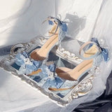 MQTIME  -  Women's Pointed Toe Stiletto Heels Silver Blue Glitter Lolita Shoes Handmade Lace Bow Party Dress Pumps