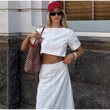 MQTIME  -  Women's Top Suit Solid Cotton Lined O-neck Short Sleeve Cropped Tops Loose Elastic Waist Midi Skirts Female Outfits Lady Outwear