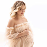  MQTIME  -  Maternity Dresses for Photo Shoot Baby Shower Off Shoulder Long Sleeves Ruffles Tulle Bridal Prom Gown Women Pregnant Robe