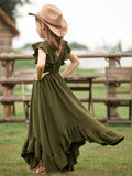 MQTIME  -  New Christmas Style Solid Color Ruffle Edge Irregular Skirt Lace Fly Sleeves Fashionable V-Neck Dress for Teenage Girls