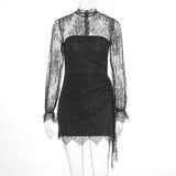 MQTIME  -  Autumn Simple Solid Color High Waisted Women's Dress See Through Long Sleeved Short Dress Sexy Lace Embroidered Slim Party Dress