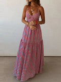 MQTIME  -  Retro Plaid Backless Cross Vacation Dress Sexy Suspender Off Shoulder Splice Dress Temperament Pleated Waist Cinch A-Line Dress