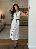 MQTIME  -  Elegant Cotton Sling Dresses Women Fashionable  V-neck Sleeveless High Waist Slim Fit Long Dress Female Summer Holiday Robe