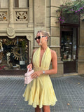 MQTIME  -  ﻿ Yellow Lace Women Short Dress Sexy V Neck Halter Sleeveless Backless Party Gown Summer Chic Beach Holiday Lady Vestidos