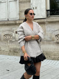 MQTIME  -  Women's Elegant V-neck Lace Up Cardigan Long Sleeved Solid Color Loose Knit Sweater Autumn Winter New Lady Street Knitwear 2024