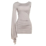 ﻿ MQTIME  -  Ruched Bodycon Mini Dress One Shoulder Slit Flare Long Sleeve Draped Backless Slim Party Clubwear Women Elegant Sexy Vestidos