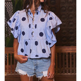 MQTIME  -  Women Button Pleated Lapel Collared Shirt Y2k Polkadot Print Short Flutter Sleeve Crop Top Ruffle Hem Babydoll Blouse