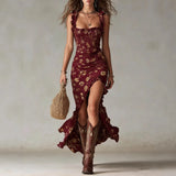  MQTIME  -  New Women's Bohemian Retro Ruffled Sleeveless Strap High-Split Dress
