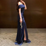 MQTIME  -  Mesh Navy Glitter Off Shoulder Mermaid Maxi Dress Women Ruched Bodycon Summer Sheer Elegant Slash Neck Long Evening Party Gown