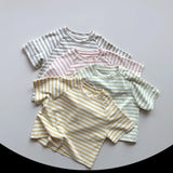  MQTIME  -  Children's Short-Sleeved Colorful Striped T-Shirt Summer New Boys And Girls Cotton Round Neck Korean Loose Casual Tops