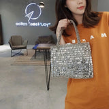 MQTIME  -   Vintage Handmade Ladies Handbag Weave Beaded Fashion Silver Color Shining Sequin Shoulder Bag Clutches Womens Party Handbag