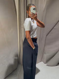  MQTIME  -  High Waist Striped Wide-Leg Pants For Woman Loose Irregular Floor-Length Trousers Single Bitton Pockets Fashion Casual Clothes