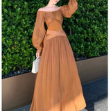 MQTIME  -  French Style Glossy Lantern Sleeves Kinked Butterfly One-word Shoulder Dress Pendant Long Dress
