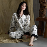 MQTIME  -  Women Spring Autumn and Winter Pure Cotton Long-sleeved Striped Lace Lapel High-end Light Luxury Loungewear Set Comfort