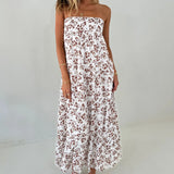 MQTIME  -  Women Casual Strapless Dress Summer Boho Floral Print Tie up Backless Long A-Line Dress for Party Beach Streetwear