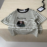  MQTIME  -  Boys Suit Spring/summer New Childrens Clothes Boys Baby Print Stripe T-shirt Denim Cropped Pants Two-piece Set Simple