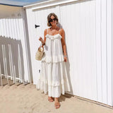 MQTIME  -  Boho Beach Dress Strapless Solid Color Cotton Maxi Dress Loose Fit Ruffled Candy Color Sundress Vacation Vestidos