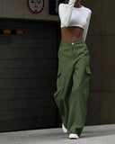  MQTIME  -  Autumn Women's Elastic Waist Low Waist Wide Leg Cargo Trousers Straight Khaki Long Casual Pants Female Fashion Streetwear Capris