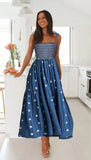MQTIME  -  Strap Long Dress Summer Wrapped Embroidery Dress A-line Sunflower Design Ruffled Midi Length Vestidos Boho Robes