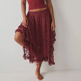 MQTIME  -  Women Lace Ruffle Courtship Half Slip Elastic Waist Asymmetrical Hemline Midi Skirts Semi Sheer Layered Maxi Skirts