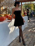 MQTIME  -  Velvet Halter Dress Black Sexy Slim Fit Elegant Straight Collar Waist Cinched Short Dresses Camisole Evening Gown Women's Wear