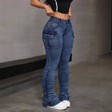 MQTIME  -  Women High Waist Elastic Jeans Ladies Sexy Hip Lifting Denim Pants Multi Pocket Summer Fashion Streetwear Female Slim Trousers