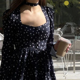 MQTIME  -  Sexy Slim Print Women Dress Fashion Square Collar Long Sleeve Mini Dress Elegant High Waist Pleated Skirt 2024 Lady Robes