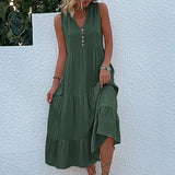 MQTIME  -  Solid Color Straight Tank Dress Sleeveless Holiday Viscose Maxi Dress Button Up V Neck Boho Dress Vacation Robes