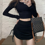 Mqtime  Y2K Vintage Lace-up Pleated Sexy Slim A-line Skirt Women Spring New High Street Fashion All-match Solid Color Casual Hip Skirt