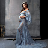 MQTIME  -  Bohemain Blue Maternity Dresses for Photoshoot Elegant Sweetheart Full Sleeve Babyshower Gowns Lace Photography Customized