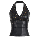  MQTIME  -  Y2k Streetwear Rivet Halter Backless V Neck Sleeveless Fashion Zipper Solid All Match Tanks