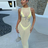 MQTIME  -  3d Starfish See Through Beach Long Dress Women Slim O-neck Sleeveless Backless Lace Up Dresses 2025 Summer Mesh Holiday Robes
