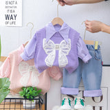 MQTIME  -  2025 Spring New Girls Clothing Set 1-5Y Girls Suit Solid Shirt Matched Bow Knit Vest And Blue Jeans 3 PCs Girls Suit