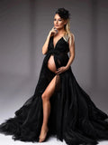 MQTIME  -  Black Lace Maternity Prom Dress  A Line V Neck Gala Gowns for Photoshoot Elegant Appliques Female Prgnant  Robes for Babyshower