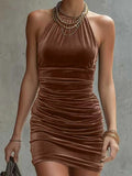  MQTIME  -  European and American Style Sleeveless Velvet Fashionable Slim Body Halter Neck Dress