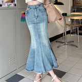 Mqtime High Waist Hollow Sexy Slim Denim Fishtail Skirt Women Summer New Streetwear Fashion All Match Mid-length Skirt