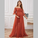 MQTIME  -  One Line Neck Maternity Ceremonial Dresses Short Sleeved Gauze Solid Color Long Pregant Dress Classic Cozy Photography Clothing