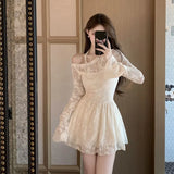 MQTIME  -  French Diagonal Neck Lace Splicing Dress Women Autumn New Temperament Lotus Leaf Edge Waist Long Sleeve Short Vestido