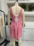 MQTIME  -  Cute Y2K Women's Mini Plaid Dress A-Line Square Neck Backless Ruffled Hem Tie-Up Spaghetti Strap Dress for Summer