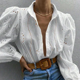MQTIME  -  Sexy Hollow Loose T Shirt New Women Turn-down Collar Single Breasted Office Shirt Elegant Embroidery Solid Color Long Sleeve Top