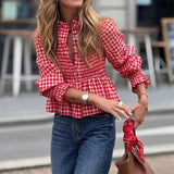 MQTIME  -  Fashion Stand Collar Commuting Blouse Women Causal Puffed Long Sleeve Slim Office Shirt Elegant Plaid Print Single breasted Tops