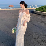 MQTIME  -  Hanging Neck Off Shoulder Dress, Women'S White Jacquard Design, Unique And Beautiful Temperament, Seaside Vacation Long Dress