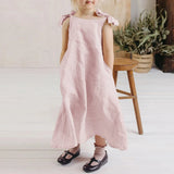 MQTIME  -  Girls Linen Adjustable Ribbon Dress Summer New Children's Casual Loose Cotton And Linen Lovely Pink Dresses With Pockets TZ273