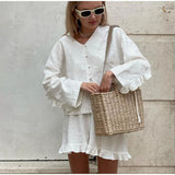 MQTIME  -  Casual  Ruffles Shirt Shorts Sets Women 2 Pieces 2025 Summer Single Breasted V-neck Loose Shirts Wide Leg Shorts Suits Solid